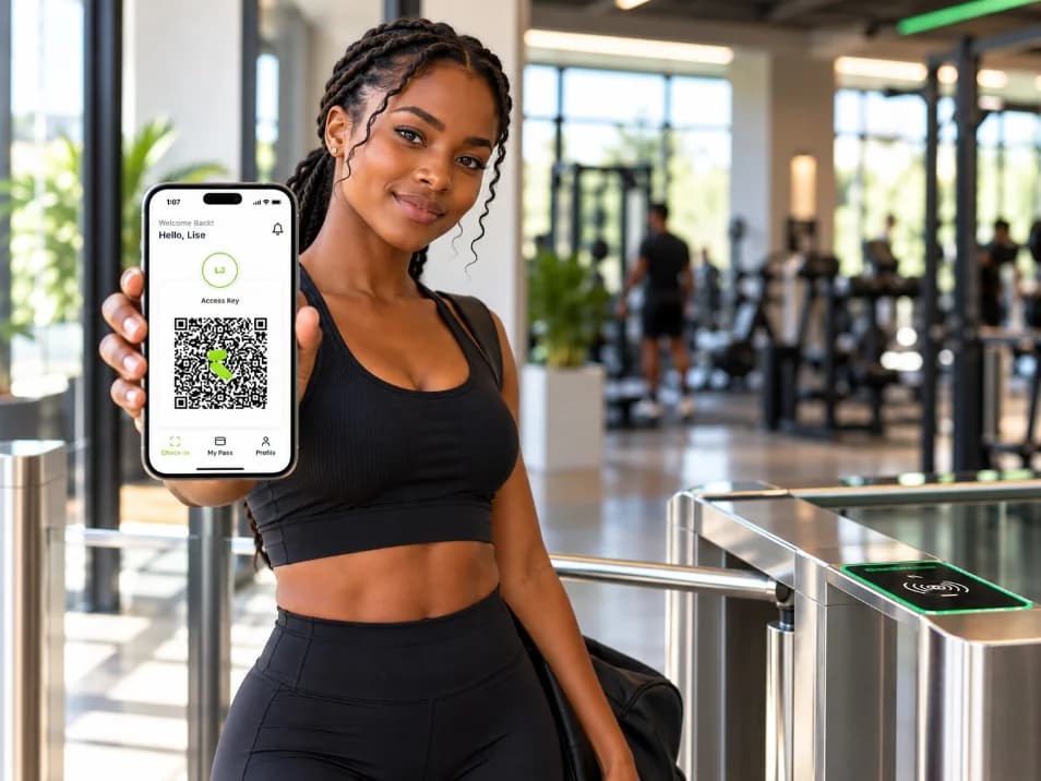 A Raxii member showing the app’s check-in code at a gym entrance